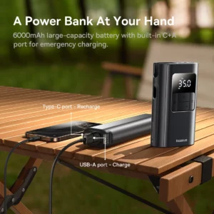 Baseus 2 in 1 Car Air Pump Wired/Wireless Car Air Compressor Dethable Flashlight 6000mAh Power Bank Portable Tire Inflator Pump - Image 4