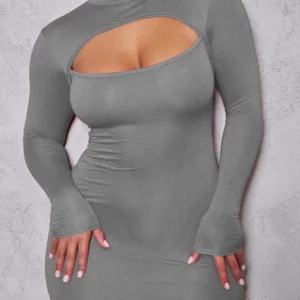 Sexy Wrap Chest Hollow Out Elastic Slim Bodycon Dress Women Long Sleeved Solid Color Skinny Dress Evening Club Party Vestidos - Image 6