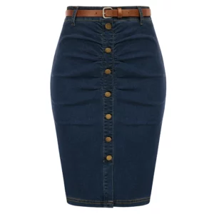 BP Women Vintage Jean Skirt With Belt High Waist Ruched Front Bodycon Skirt - Image 4