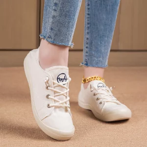 Canvas Shoes For Women Ladies Round Toe Soft Flat Vulcanize Shoes Business Casual Wedges Walking Flat Lace-up Footwear Sapatos - Image 2
