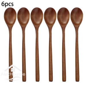 6 Piece Wooden Spoon Bamboo Kitchen Korean Style 9 '' Inch Natural Wood Soup Tableware Cooking Honey Coffee Spoon Mixing Spoon - Image 2