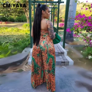 CM.YAYA Women Leopard Spaghetti Strap Loose Wide Leg Sleeveless Jumpsuit 2023 Summer Street Playsuit One Piece Suit Romper - Image 2