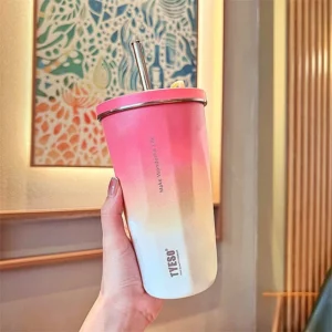 Tyeso 600ML Stainless Steel Coffee Cup With Straw Gradient Color Insulated Water Bottle Car Thermos Mug Cold Drink Vacuum Cup - Image 5