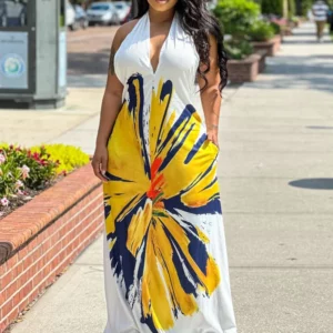 CM.YAYA Women 3D Printed Halter Neck Sleeveless Straight A-line Maxi Dress 2023 Summer Vintage Chic Fashion Vestidos Dresses - Image 1