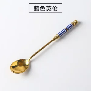 Golden Dessert Spoon Ceramic Handle Coffee Milk Stirring Spoon Ice Cream Teaspoon Stainless Steel Mixing Spoon - Image 2