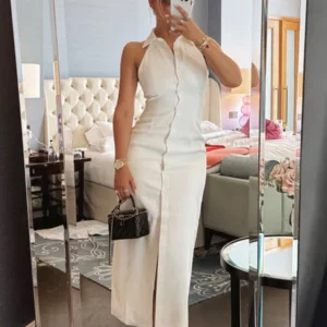 White Chic Slim Split Halter Dresses Women Summer Single Breasted Sleeveless Midi Dress 2025 New Elegant Casual Fashion Vestidos - Image 1