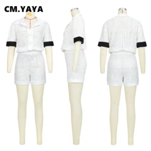 CM.YAYA Fashion Hollow Out Women's Set Half Sleeve Shirt and Shorts 2023 Summer Chic Street Two 2 Piece Set Outfits Tracksuit - Image 2