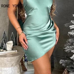 Women Solid Sexy Halter Sleeveless Mini Sexy Satin Backless Party Dresses - Image 4