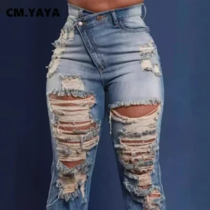 CM.YAYA Denim Pants Women Retro Sexy Hole Hollow Out Jeans Ripped out Pencil Trousers 2024 Street Skinny High Waist Lady Pant - Image 2