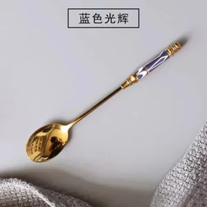 Golden Dessert Spoon Ceramic Handle Coffee Milk Stirring Spoon Ice Cream Teaspoon Stainless Steel Mixing Spoon - Image 3