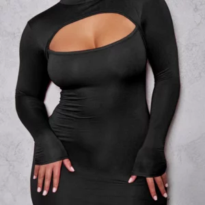 Sexy Wrap Chest Hollow Out Elastic Slim Bodycon Dress Women Long Sleeved Solid Color Skinny Dress Evening Club Party Vestidos - Image 1
