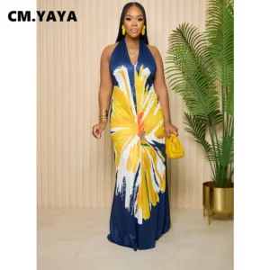 CM.YAYA Women 3D Printed Halter Neck Sleeveless Straight A-line Maxi Dress 2023 Summer Vintage Chic Fashion Vestidos Dresses - Image 3