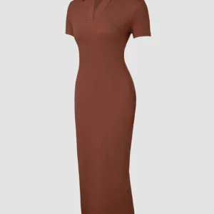 2024 Women Turn Down Collar Backless Lace Up High Silt Midi Skinny Knitting Dresses - Image 6