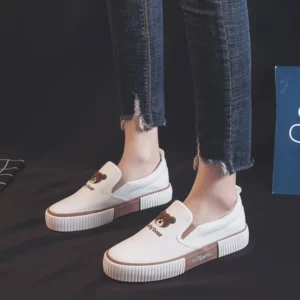 2023 Women Autumn New Canvas Shoes Female Korean Version Cute Bear Embroidery Loafers Flat Bottom Student Casual White Lazy Shoe - Image 3
