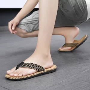 Cheap Summer Linen Slipper Men Indoor Home Shoes Lightweight Weaving Flip flops Men Bedroom Shoes Silent Casual Flip-flops Man - Image 4