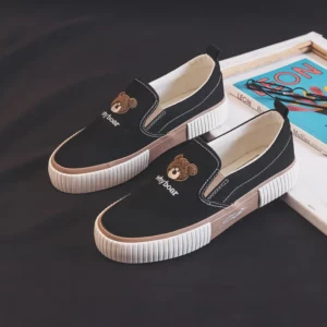 2023 Women Autumn New Canvas Shoes Female Korean Version Cute Bear Embroidery Loafers Flat Bottom Student Casual White Lazy Shoe - Image 1