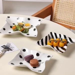 Hand Pinching Irregular Plates French Retro Hepburn Style Black White Polka Dot Tableware Artistic Underglaze Color Plate - Image 4