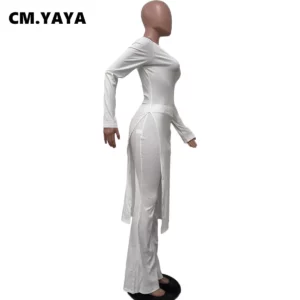 CM.YAYA Women's Set Off Shoulder Long Sleeve High Side Split T-shirt and Wide Leg Pants 2023 Two 2 Piece Sets Outfit Tracksuit - Image 5