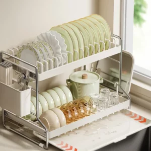 Kitchen Rust-Proof Dish Drying Rack Desktop Dishes Bowls Plate Cutlery Pot Lid Rack Organizer 2-Tier Compact Kitchen Dish Shelf - Image 4