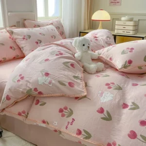 28 Colors Kawaii Cherry Bedding Set Soft Washed Cotton Bed Sheet Queen King Size Simple Quilt Cover Pillowcase Bed Linens - Image 4