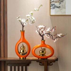 Chinese Style Creativity Ceramic Vase Wooden Frame Retro Openwork Vase Modern Home Flower Arrangement Decoration Flower Vases - Image 4