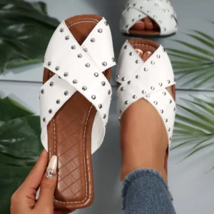 Women's Shoes Pu Leather Peep Toe Low Heel Mules Rivet Decoration Classic Colors Young Lady Streetwear Outside Slippers Sandals - Image 3