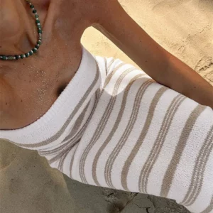 Tossy Backless Contrast For Women Dress Slim Holiday Beach Striped High Waist Off-Shoulder Maxi Dress Skinny Casual Long Dress - Image 2