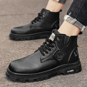 Men's Brand High-quality Outdoor Work Shoes Thick Soled Anti Slip Fashionable Hiking Shoes Trendy Short Boots, Black Men's Boots - Image 5