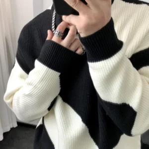 Man Clothes Round Collar Pullovers Knitted Sweaters for Men Crewneck Color Matching Black Cigaret Casual Korean Style Jumpers S - Image 6