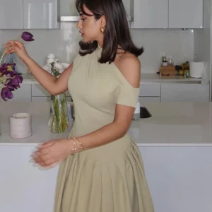 Elegant Pleated Midi Dress For Women Fashion Street Short Sleeve Patchwork Long Dress Casual Office Lady Irregular Neck Vestidos - Image 2