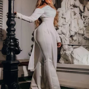 CM.YAYA Women's Set Off Shoulder Long Sleeve High Side Split T-shirt and Wide Leg Pants 2023 Two 2 Piece Sets Outfit Tracksuit - Image 3