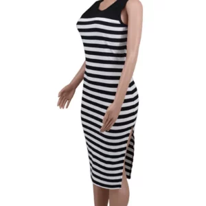CM.YAYA Women O-neck High Side Split Midi Dress Summer Striped Print Sexy Night Club Party Evening Pencil Chic Dresses Vestidos - Image 5