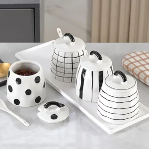 European Ceramic Seasoning Pot Black and White Stripe Salt Sugar Pepper Pot Home Seasoning Box with Lid Soy Sauce Vinegar Bottle - Image 2