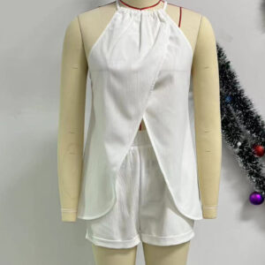 Znaiml Elegant Slit Hollow White Two 2 Pieces Set for Women Halter Bandage Sleeveless Top and Shorts Outfits 2pcs Beach Clubwear - Image 5