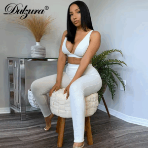 Dulzura Ribbed Women 2 Pieces V Neck Bra Leggings Set Crop Top Matching Co Ords 2020 Autumn Winter Clothes Sporty Tracksuit Club - Image 7