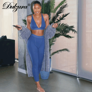 Dulzura Ribbed Women 2 Pieces V Neck Bra Leggings Set Crop Top Matching Co Ords 2020 Autumn Winter Clothes Sporty Tracksuit Club - Image 5
