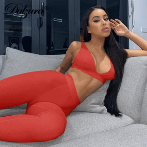 Dulzura Ribbed Women 2 Pieces V Neck Bra Leggings Set Crop Top Matching Co Ords 2020 Autumn Winter Clothes Sporty Tracksuit Club - Image 6