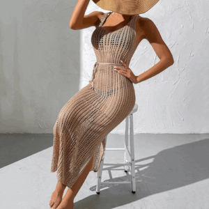Summer Solid Beach Mesh Dress Holiday Hollowed Out Backless Knitted Cover Shirt With Push-Up Padded Bra Thong 2 Pieces Swimwear - Image 5
