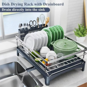 304 Stainless Steel Single Tier Dish Drainer Rack-Heavy-DutySpace-Saving Kitchen Accessories with Utensil Holder&Drain Tray - Image 4