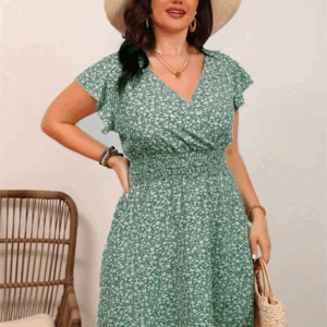 GIBSIE Plus Size Ditsy Floral Print Boho Mini Dress Women Summer Short-sleeved V-neck Holiday Elastic Waist A-Line Dresses - Image 5
