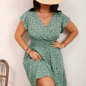 GIBSIE Plus Size Ditsy Floral Print Boho Mini Dress Women Summer Short-sleeved V-neck Holiday Elastic Waist A-Line Dresses - Image 2