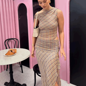 Weird Puss Split Summer Dress Women See Through Y2K Plaid Print Inclined Shoulde Waistless Split Irregular Ruched Maxi Bodycon - Image 3