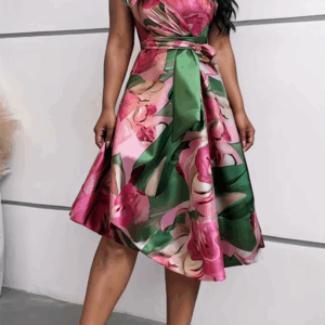 Plus Size Floral Women Dress Elegant Vintage Pink Summer One Shoulder Satin Midi Dresses Cocktail Evening Female Dress 2024 - Image 5