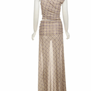 Weird Puss Split Summer Dress Women See Through Y2K Plaid Print Inclined Shoulde Waistless Split Irregular Ruched Maxi Bodycon - Image 2