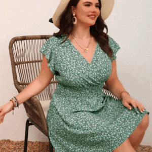 GIBSIE Plus Size Ditsy Floral Print Boho Mini Dress Women Summer Short-sleeved V-neck Holiday Elastic Waist A-Line Dresses - Image 4