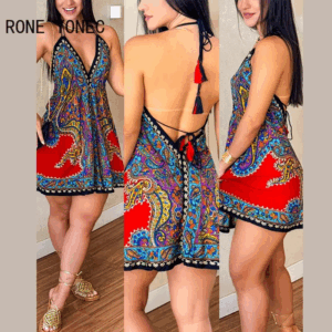 Women Sexy Allover Print Halter Sleeveless Lace Up Deep V Neck Backless Mini A Line Sexy Dresses - Image 2