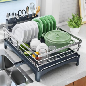 304 Stainless Steel Single Tier Dish Drainer Rack-Heavy-DutySpace-Saving Kitchen Accessories with Utensil Holder&Drain Tray - Image 6