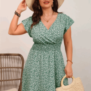 GIBSIE Plus Size Ditsy Floral Print Boho Mini Dress Women Summer Short-sleeved V-neck Holiday Elastic Waist A-Line Dresses - Image 6