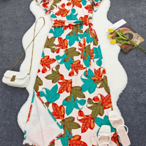 Floral Print Crew Neck Dress, Vacation Style Ruffle Sleeve Split Hem Maxi Dress For Spring & Summer, Women's Clothing - Image 4