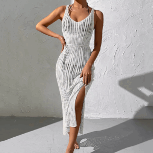 Summer Solid Beach Mesh Dress Holiday Hollowed Out Backless Knitted Cover Shirt With Push-Up Padded Bra Thong 2 Pieces Swimwear - Image 7